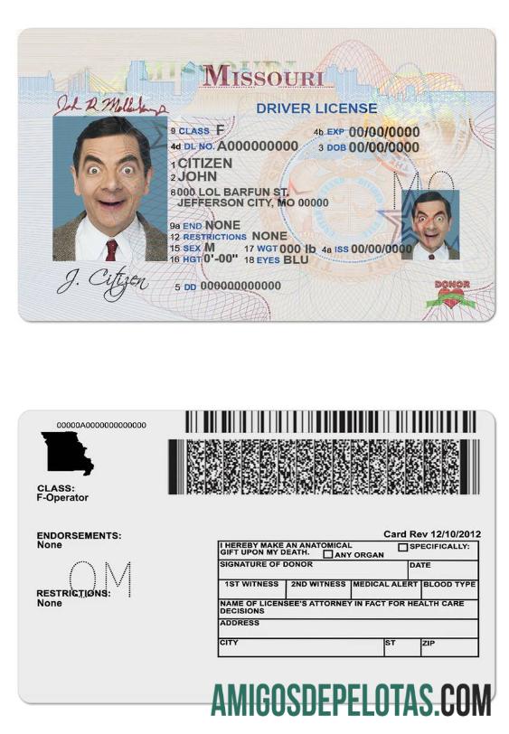 Carta de condução do Missouri nos EUA modelo